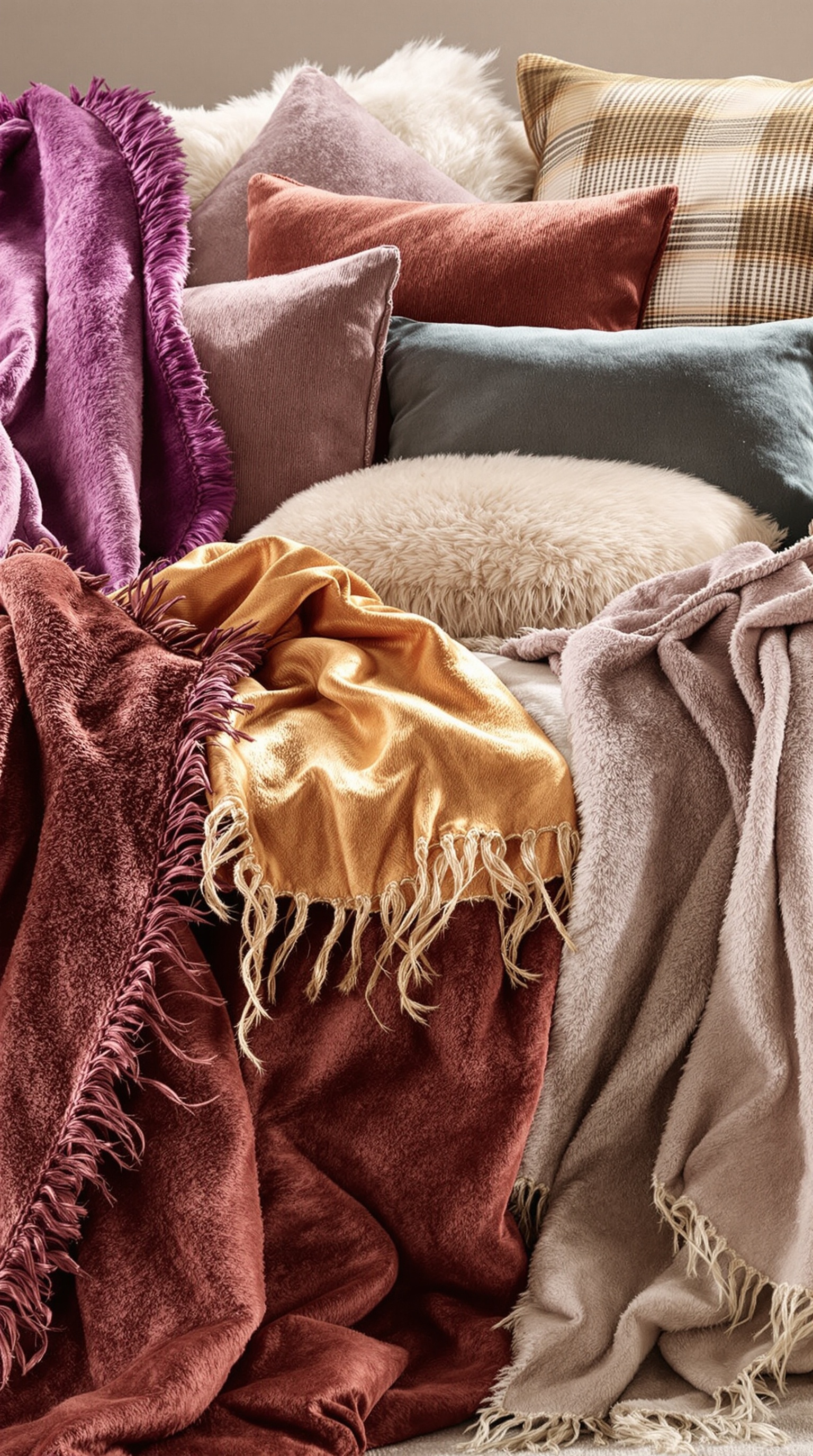 Gemütliches Wohnzimmer mit hellem Sofa, weichen Kissen und einem Teppich.