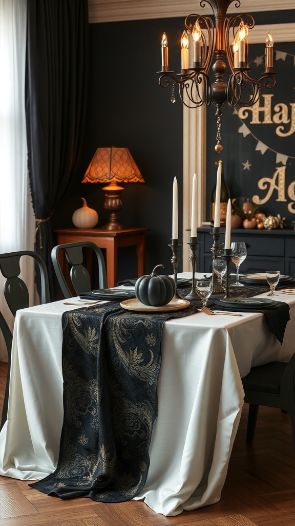 Eleganter Tisch mit schwarzem Tischläufer, Kerzenhaltern und Kürbissen für Halloween-Dekoration.