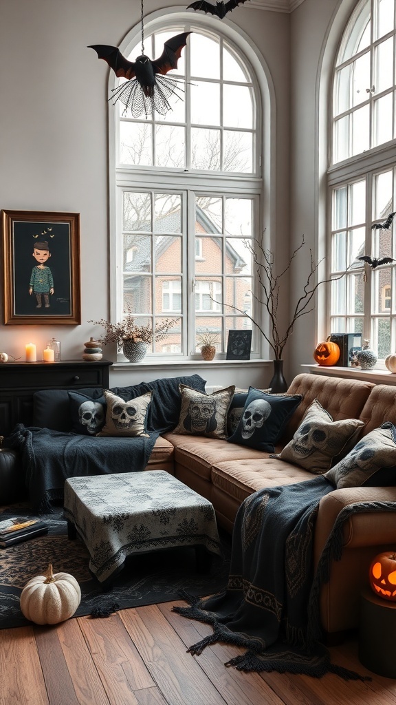Ein Halloween-dekoriertes Wohnzimmer mit gruseligen Textilien und Stoffen.