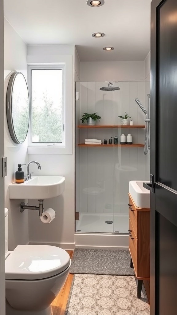 Modernes Badezimmer in einem Tiny House mit Dusche, Waschbecken und Holzregalen