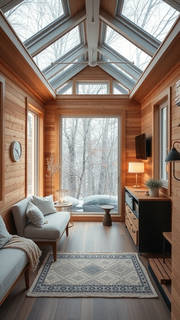 Heller Raum in einem Tiny House mit Holzverkleidung und großen Fenstern
