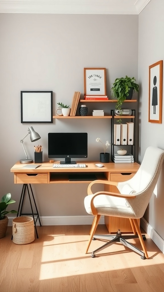 A minimalist home office setup with a wooden desk, computer, and decorative elements.