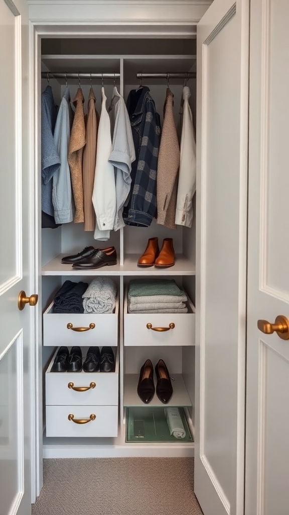 A well-organized closet with hanging clothes, neatly folded sweaters, and shoes in drawers.