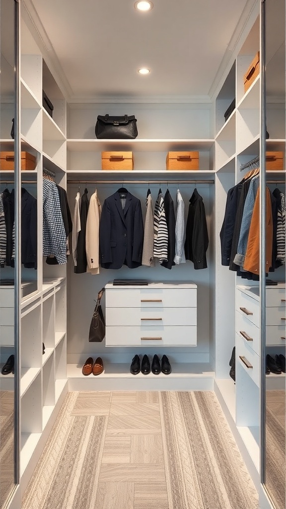 A minimalist walk-in closet featuring organized shelves, hanging clothes, and mirrored doors.