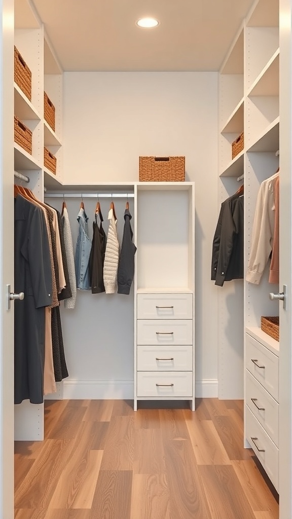A well-organized walk-in closet with vertical storage solutions, featuring hanging clothes, open shelves, and drawers.