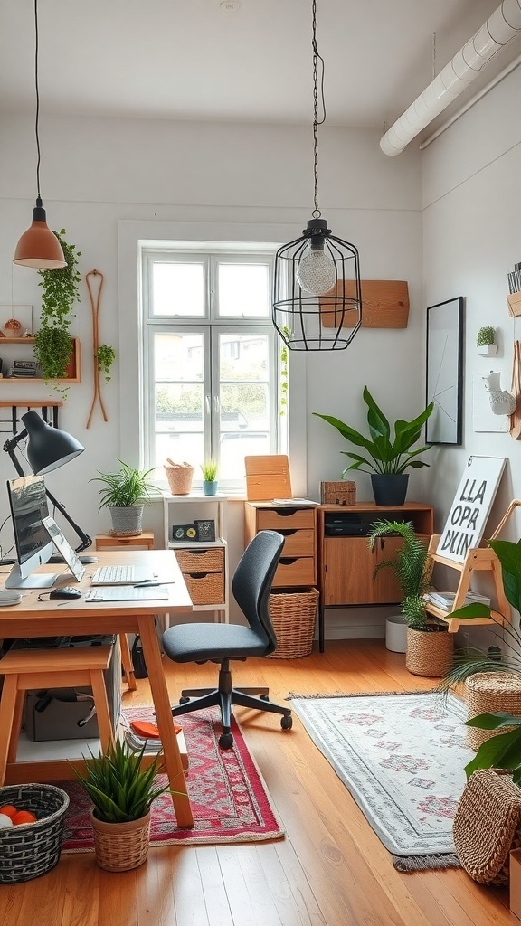 Ein stilvolles und nachhaltiges Arbeitszimmer mit Pflanzen und Holzmaterialien.