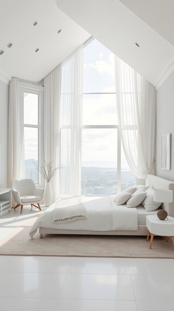 Modernes Schlafzimmer mit großen Fenstern, neutralen Farben und minimalistischem Design