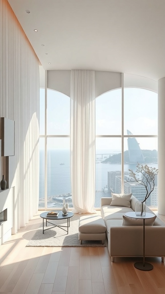 Helles Wohnzimmer mit großen Fenstern und minimalistischer Fensterdekoration