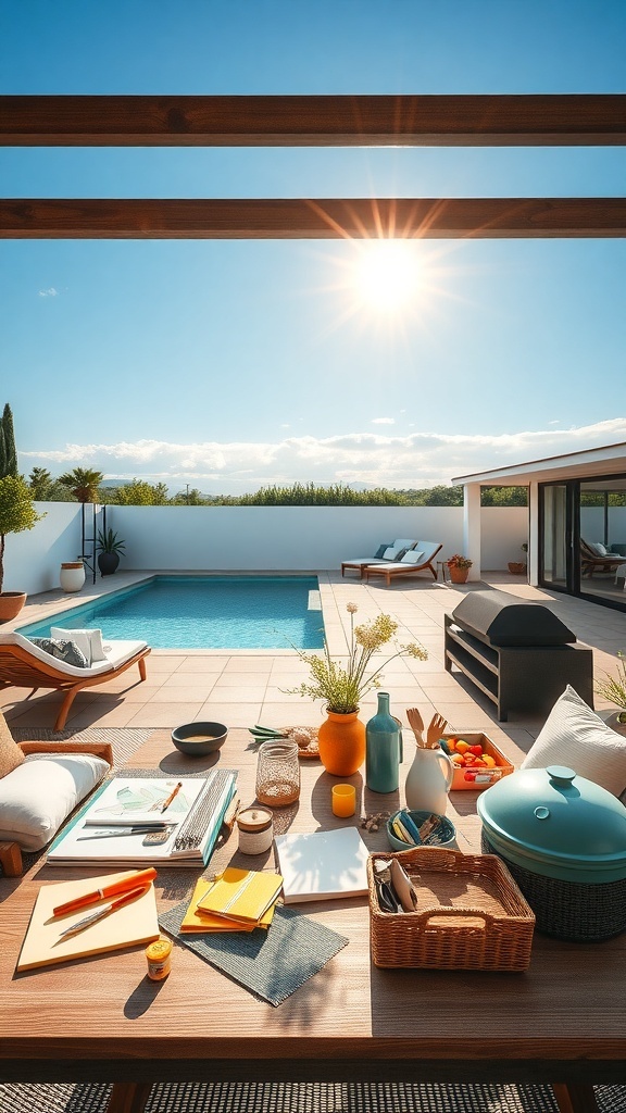 Ein sonniger Tag auf einer Terrasse mit einem Pool im Hintergrund, einem Tisch voller Bastelmaterialien und bunten Accessoires.