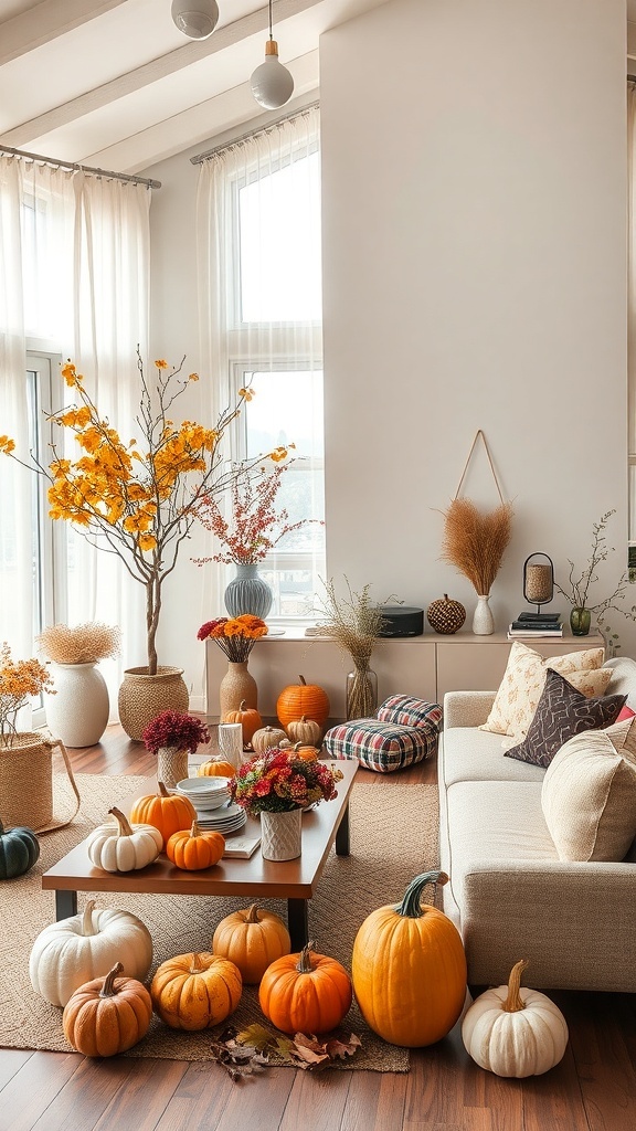 Gemütliche herbstliche Wohnlandschaft mit Kürbissen und bunten Blumen