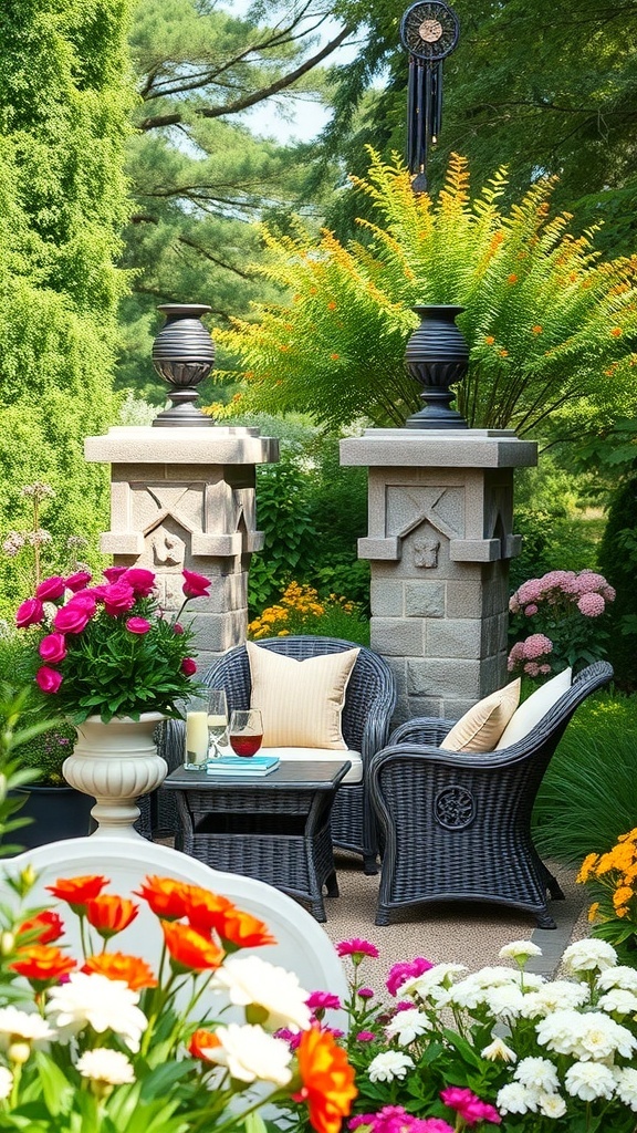 Gemütliche Sitzecke im Garten mit bunten Blumen und Steinsäulen