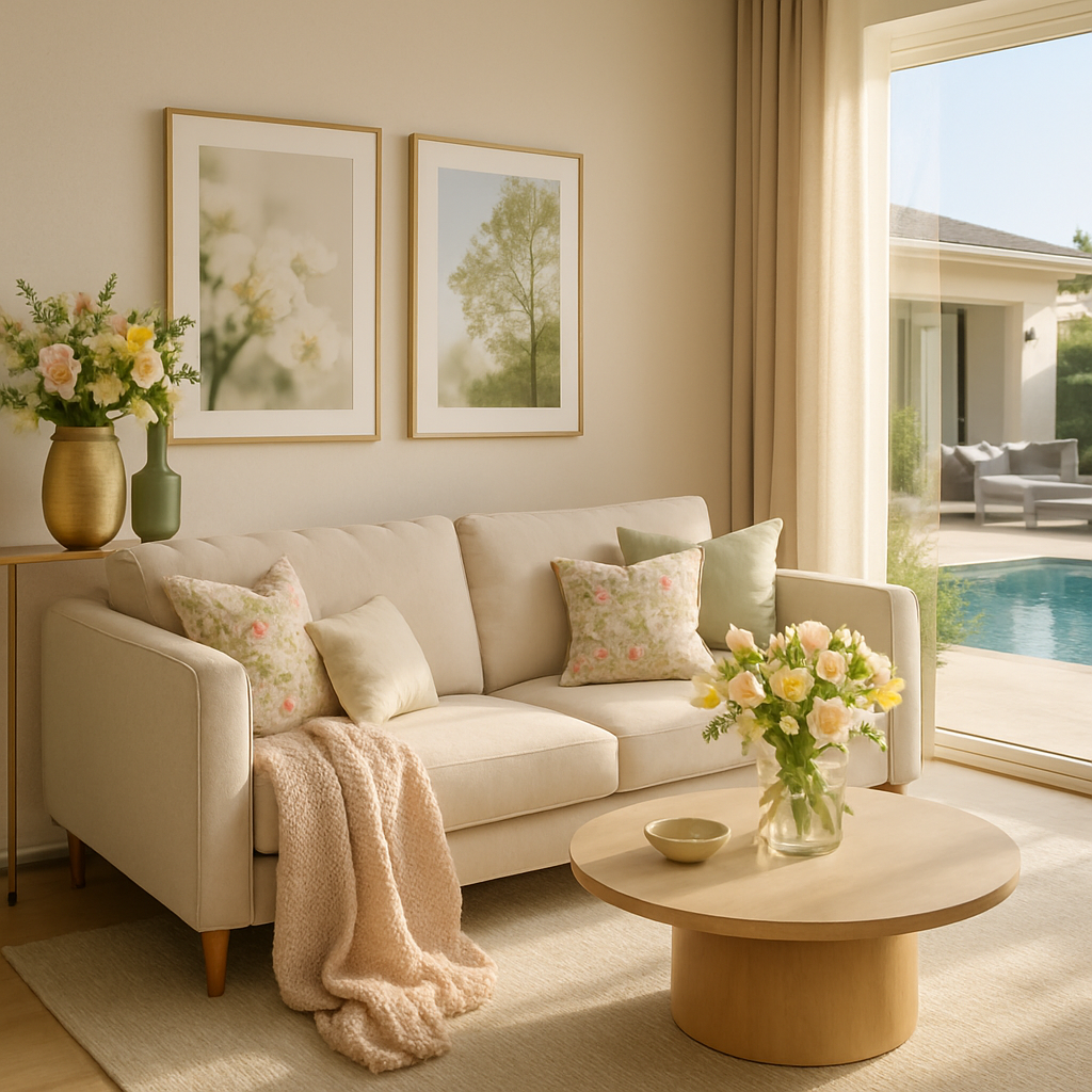 Ein stilvolles Wohnzimmer mit einem beigen Sofa, bunten Kissen und frischen Blumen auf einem Tisch.