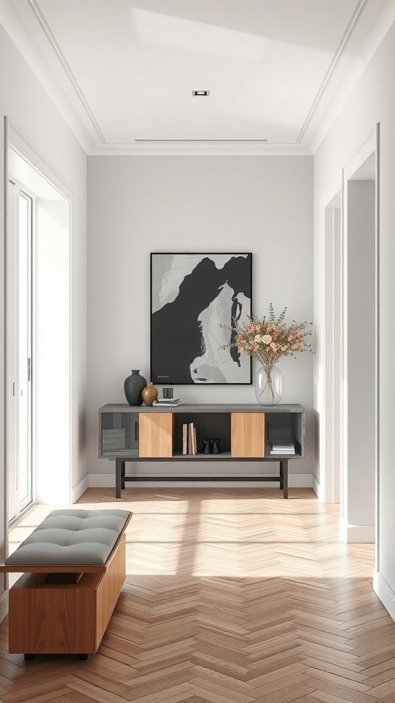 Minimalistischer Eingangsbereich mit Holzfußboden und moderner Einrichtung