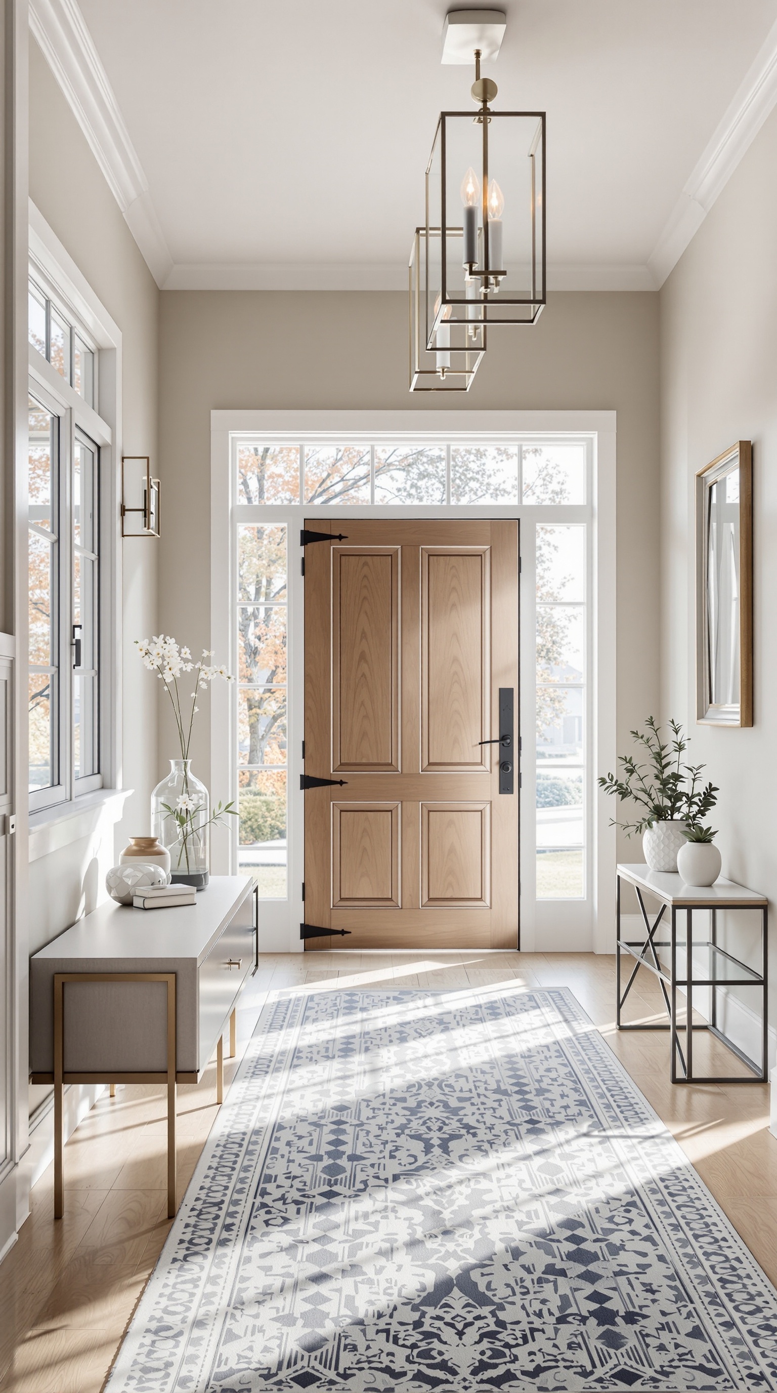 Heller Eingangsbereich mit großen Fenstern, eleganter Treppe und stilvollem Sofa
