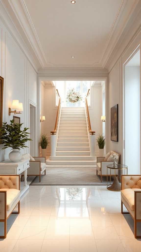 Eleganter Eingang mit Treppe, Pflanzen und stilvollen Möbeln
