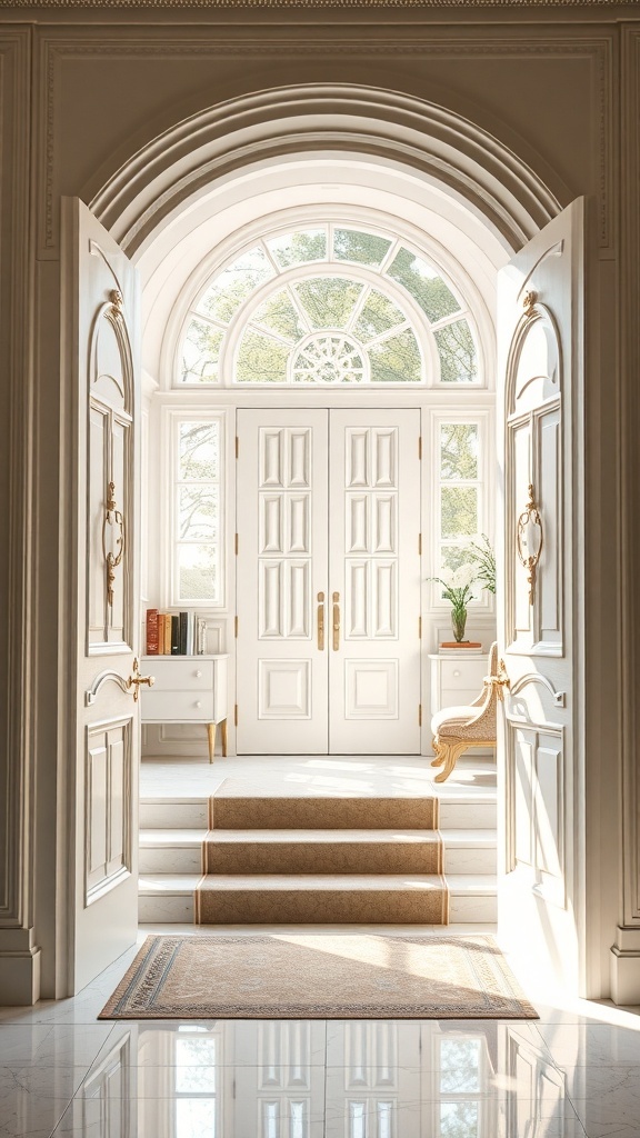 Elegante Eingangstür mit großen Fenstern und goldenen Türgriffen, umgeben von einer hellen und einladenden Atmosphäre.
