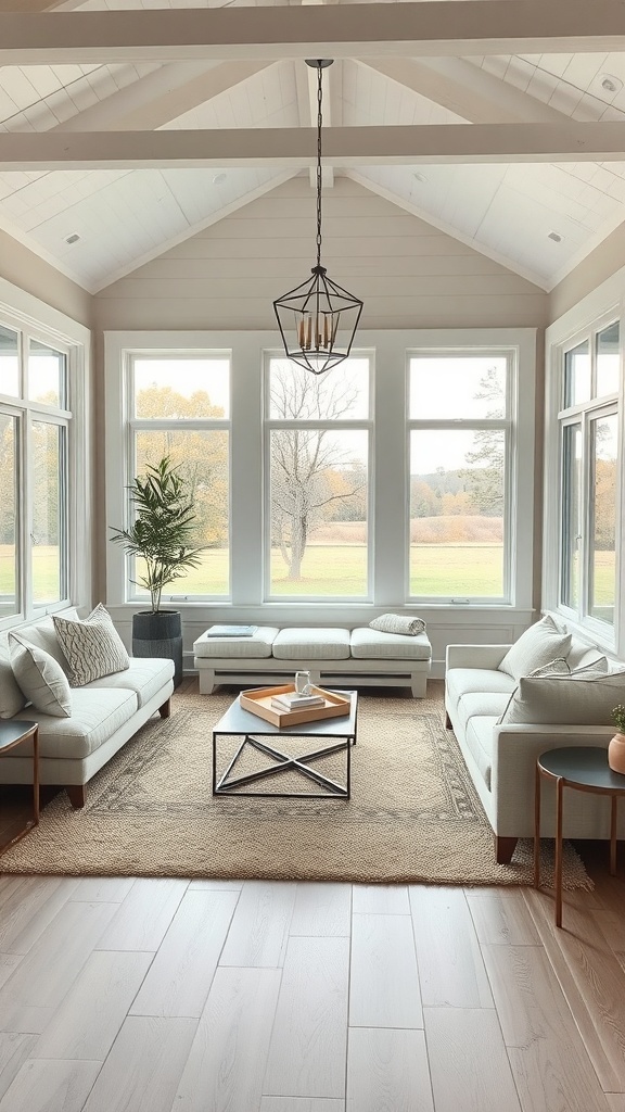 Modernes Wohnzimmer im Bauernhausstil mit großen Fenstern und eingebauten Sitzgelegenheiten