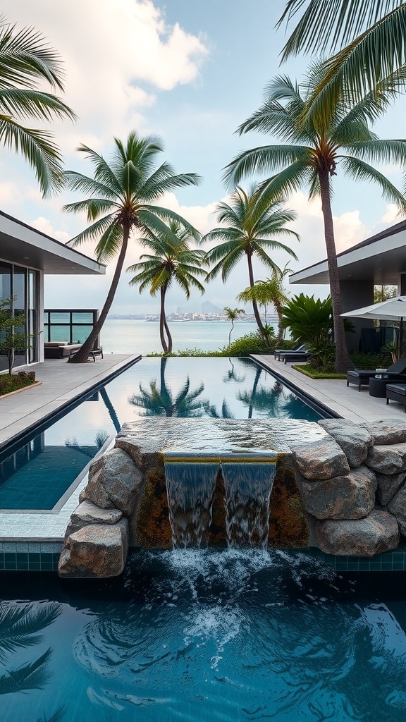 Infinity-Pool mit eingebautem Wasserfall und Palmen im Hintergrund