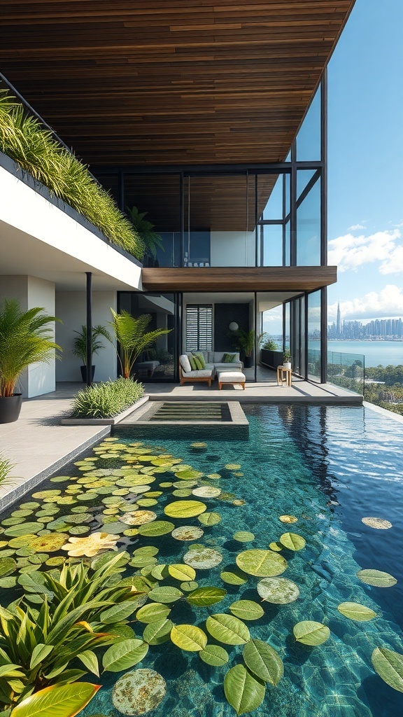 Eingebauter Pool mit Wasserpflanzen und modernem Haus im Hintergrund