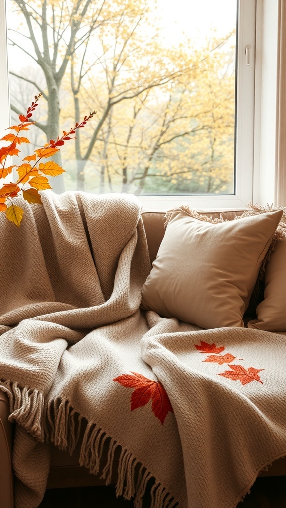 Gemütliches Sofa mit einer beige Decke und Kissen, dekoriert mit roten Blättern, vor einem Fenster mit herbstlichen Bäumen im Hintergrund.