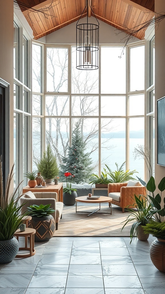 Heller Wintergarten mit großen Fenstern, Pflanzen und gemütlichen Möbeln.