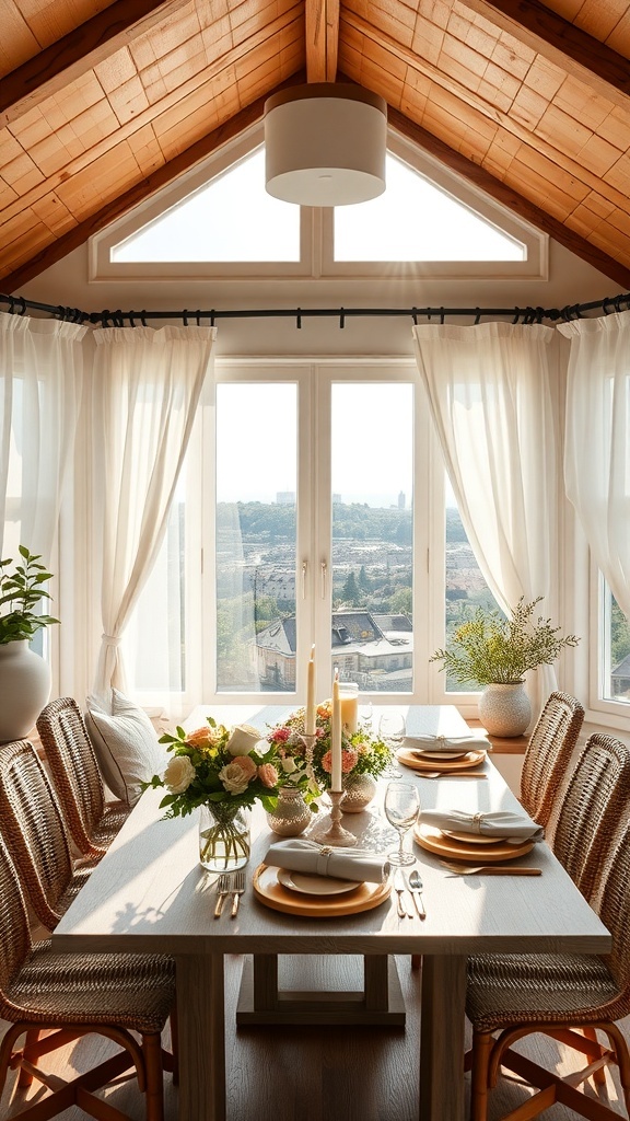 Einladender Essbereich in einem rustikalen Cottage mit großen Fenstern, einem Holztisch und geflochtenen Stühlen.