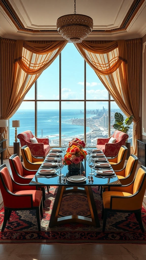 Ein stilvoller Essbereich mit bunten Stühlen, einem eleganten Tisch und einer Aussicht auf das Meer.