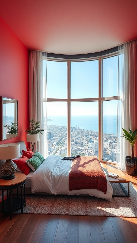 Ein modernes Schlafzimmer mit roter Wand, großen Fenstern und Blick auf die Stadt.