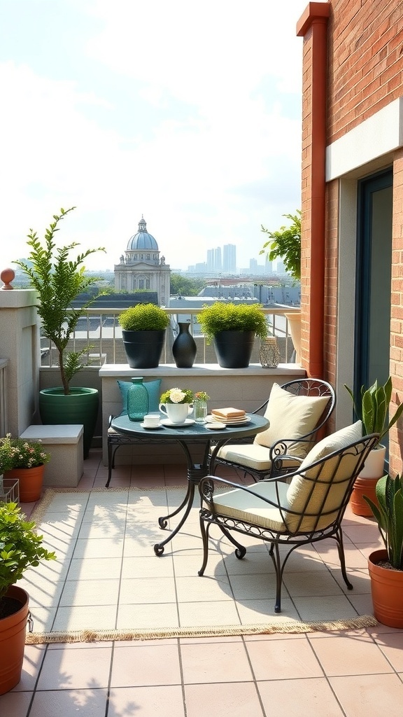 Einladende Frühstücksecke auf einer Dachterrasse mit Pflanzen und einem kleinen Tisch.