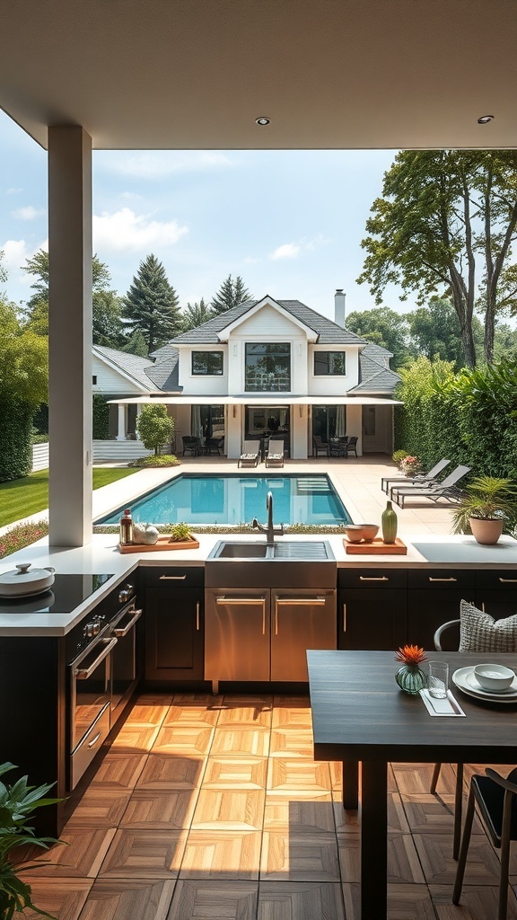 Moderne Outdoor-Küche mit Blick auf den Pool und Garten.