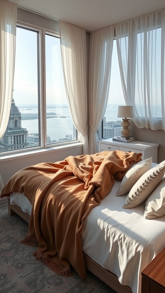 Gemütliches Schlafzimmer mit orangefarbener Tagesdecke und Blick auf die Stadt