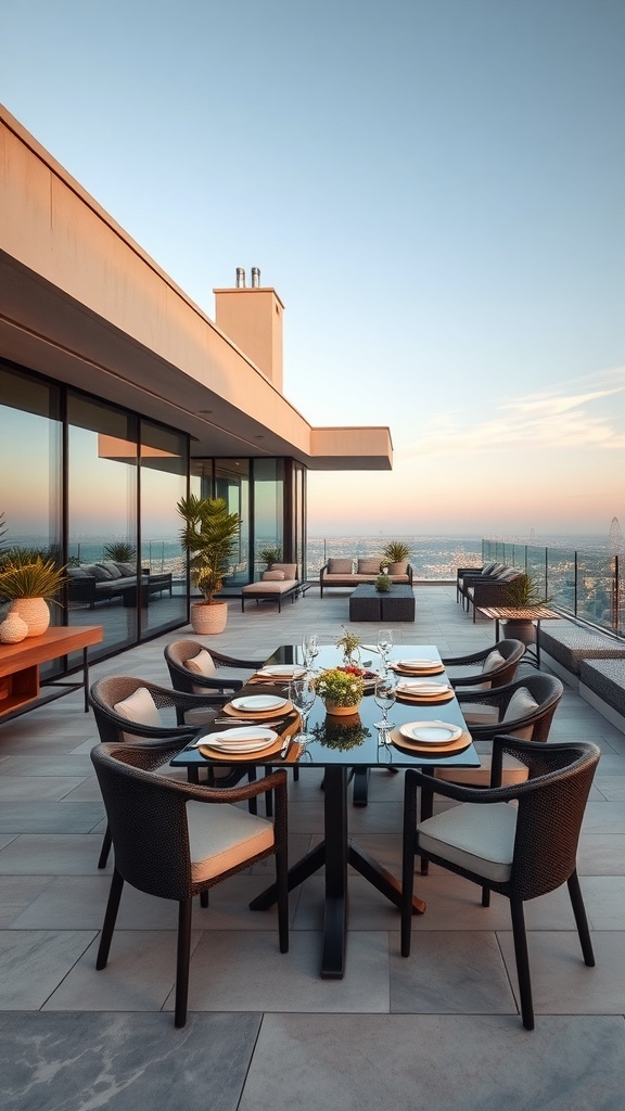 Ein stilvoller Essbereich auf einer Dachterrasse mit Blick auf die Stadt, ausgestattet mit einem eleganten Tisch und bequemen Stühlen.