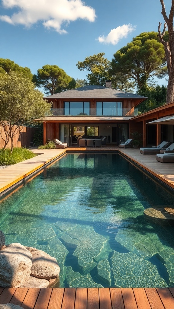 Ein moderner Naturpool mit Holzterrassen und umgebender Vegetation