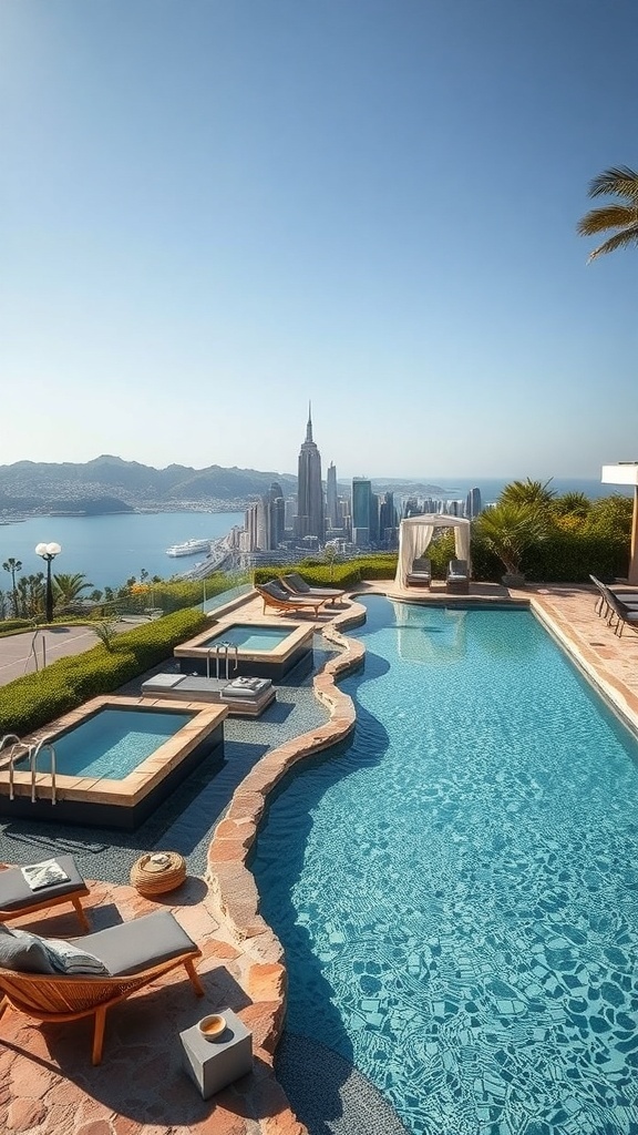 Ein luxuriöser Naturpool mit Blick auf eine Stadt und das Meer.
