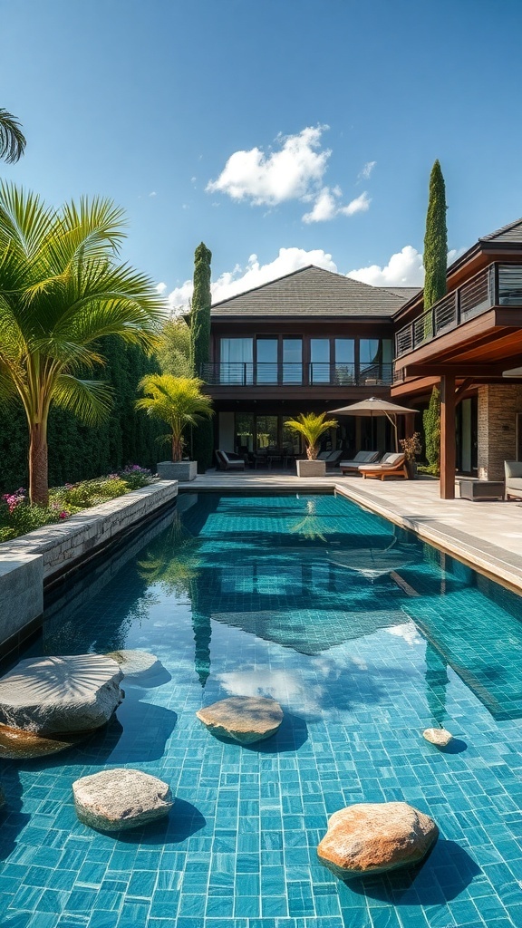 Ein moderner Pool mit Natursteinen und Palmen im Garten