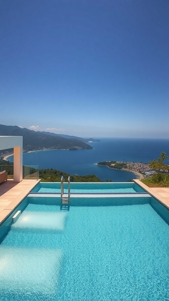 Infinity-Pool mit Überlaufkante und Blick auf das Meer und die Berge