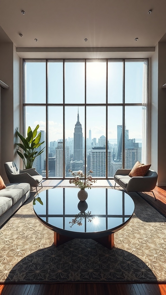 Ein stilvoller Wohnraum mit einem runden Glastisch, einer Vase mit Blumen und einer beeindruckenden Skyline im Hintergrund.