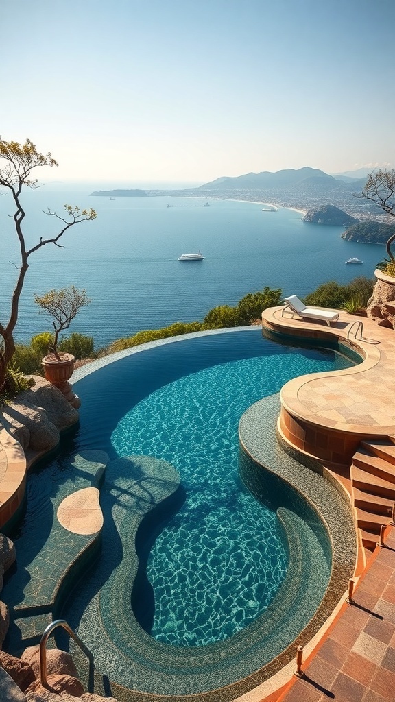 Ein Naturpool mit geschwungenen Linien, umgeben von einer schönen Landschaft und Meerblick.