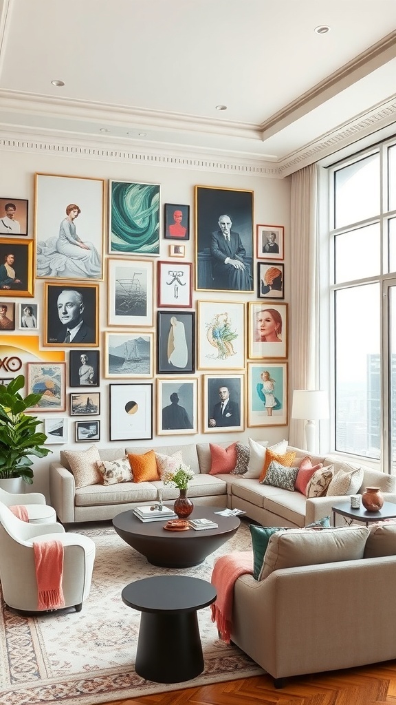 Ein Wohnzimmer mit einer eklektischen Kunstsammlung an der Wand, die verschiedene Stile und Rahmen zeigt.