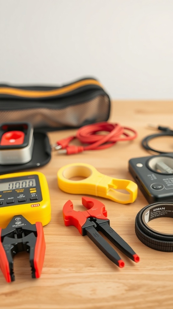 A collection of electrical tools including a multimeter, wire strippers, and various cables on a wooden surface.