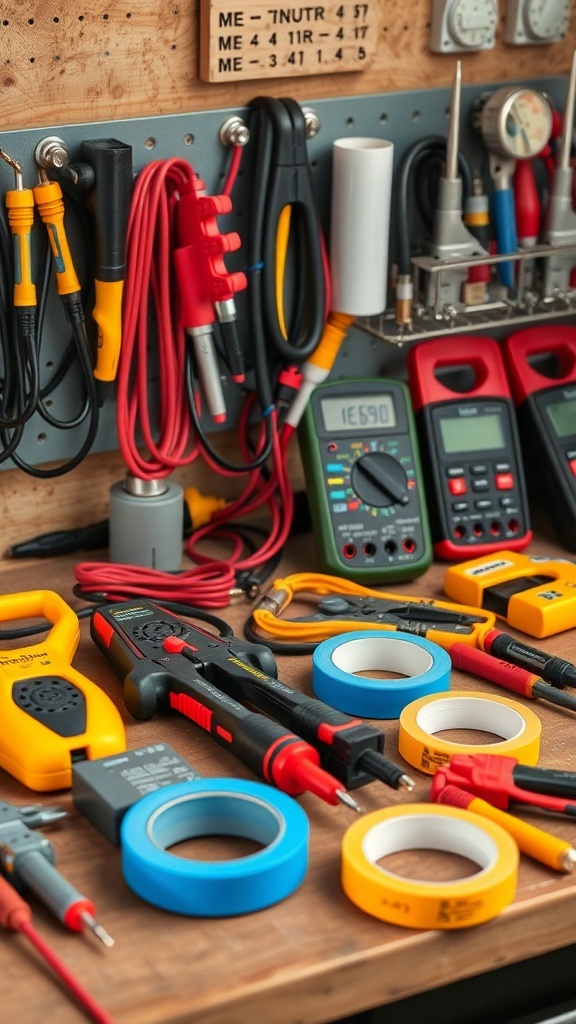 A variety of electrical tools including multimeters, wire strippers, and electrical tape organized on a workbench.