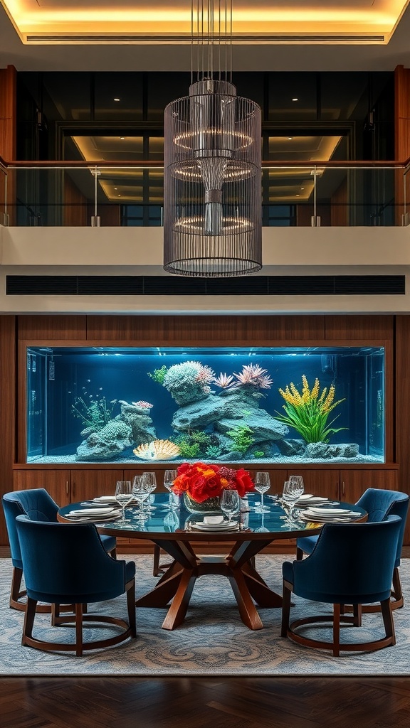 A luxurious dining area featuring a large aquarium filled with colorful coral and fish, a round dining table with elegant tableware, and stylish blue chairs.