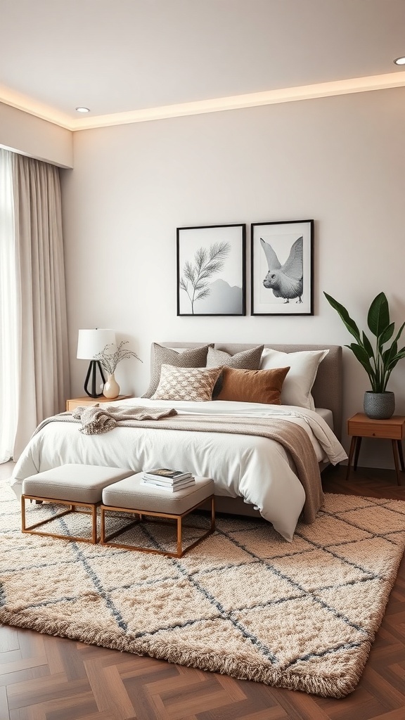 A modern bedroom featuring a plush area rug, stylish bedding, and minimalist decor.