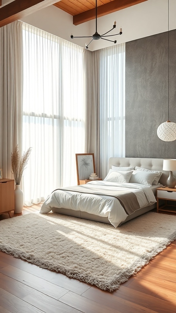 A cozy bedroom featuring a plush cream-colored area rug on wooden flooring, complemented by soft bedding and natural light.