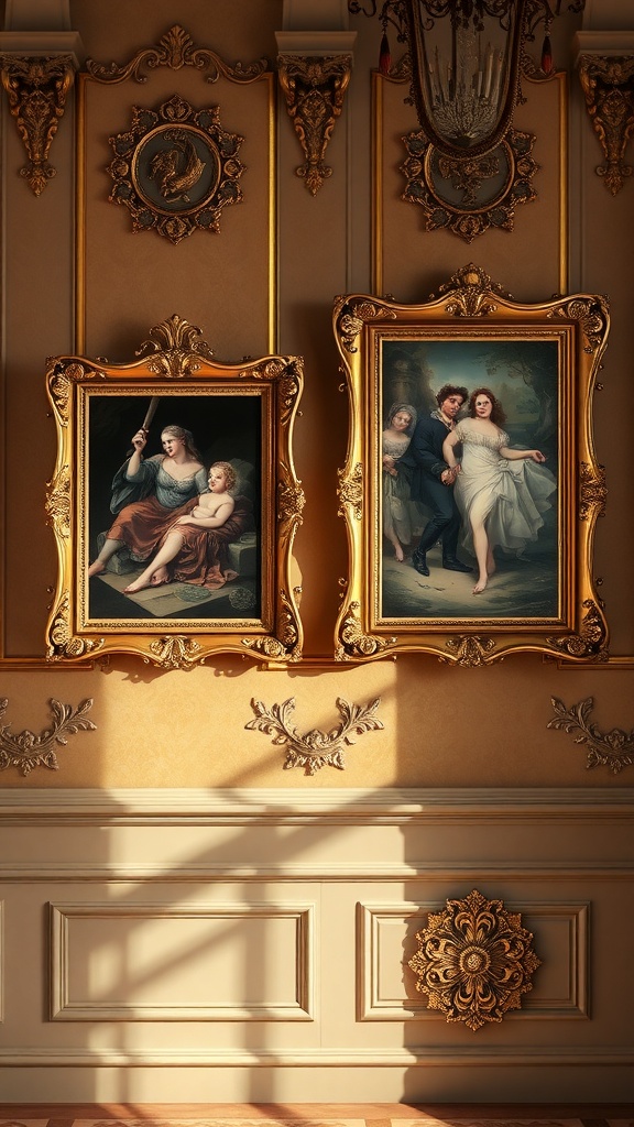 Two ornate paintings in golden frames on a decorated wall, showcasing Rococo style.