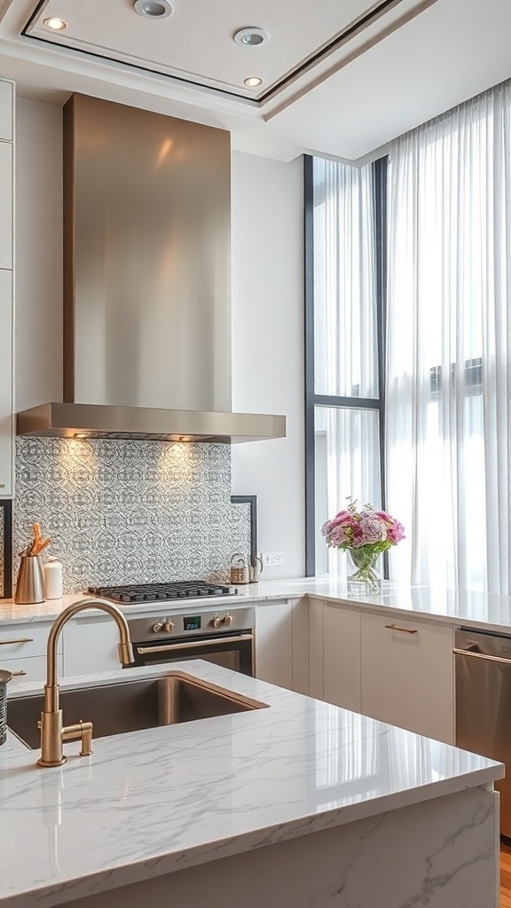 Modern luxury kitchen with an intricate tile backsplash and a sleek metallic range hood.