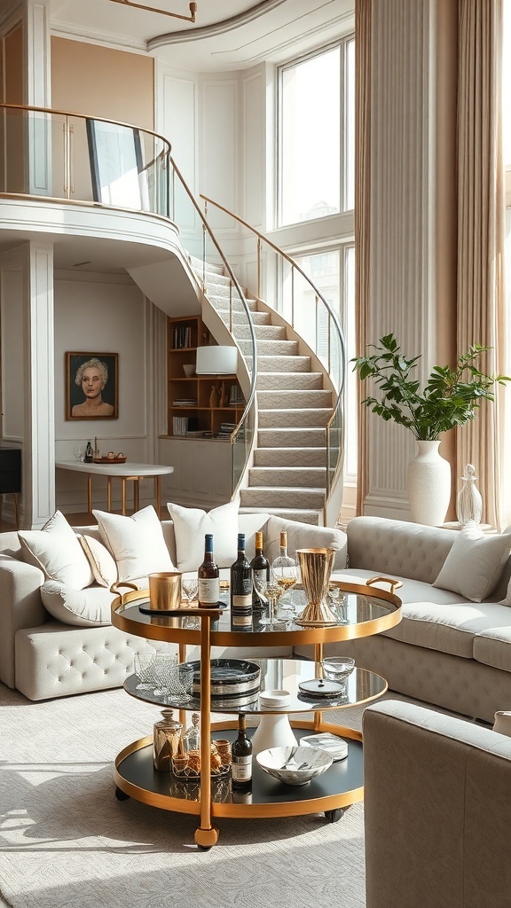 Ein eleganter Barwagen in einem luxuriösen Wohnzimmer mit goldenen Akzenten und verschiedenen Getränken.