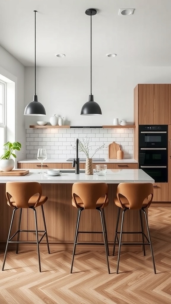Modern kitchen with elegant bar stools and a stylish island.