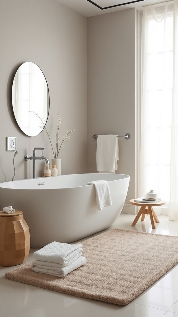 Ein modernes Badezimmer mit einer freistehenden Badewanne, eleganten Badtextilien und einem minimalistischen Design.