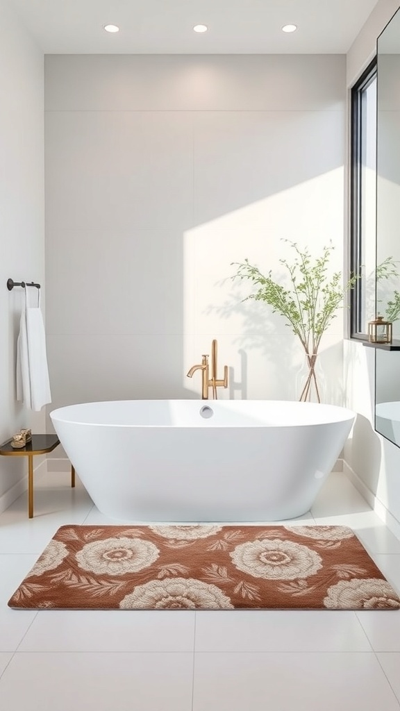A modern bathroom featuring a stylish floral bath mat in front of a white bathtub.